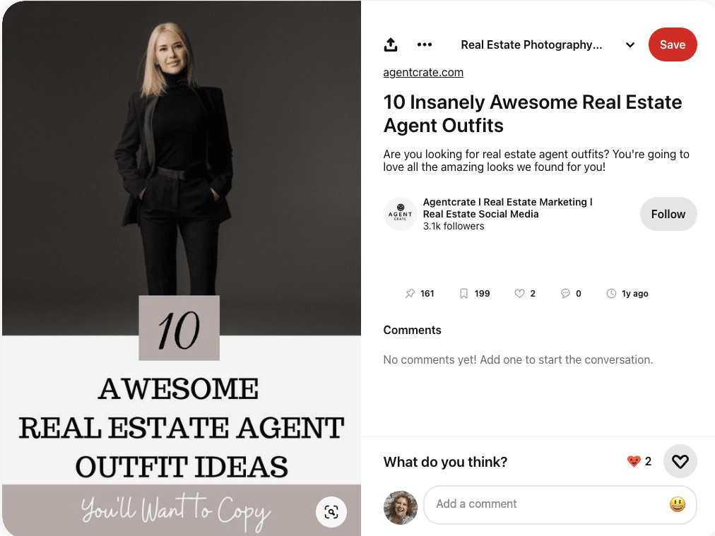 Screenshot of a Pinterest post with an image of a blonde haired woman wearing a sleek black pantsuit. The caption underneath the photo reads "10 Awesome real estate agent outfit ideas you'll want to copy." The post links to a blog post on the agentcrate.com site.
